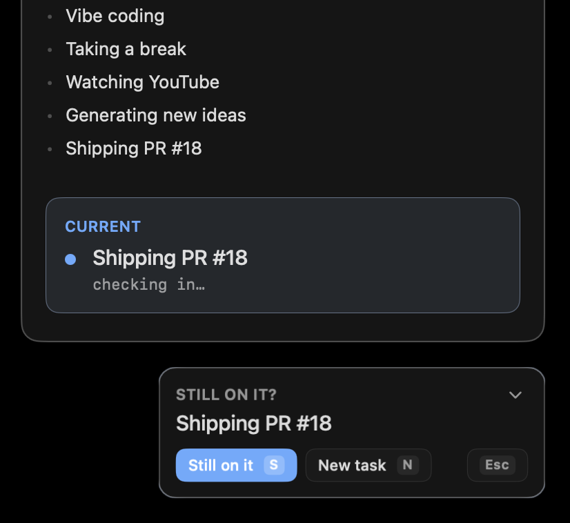 Stream view showing recent task history flowing into a CURRENT card